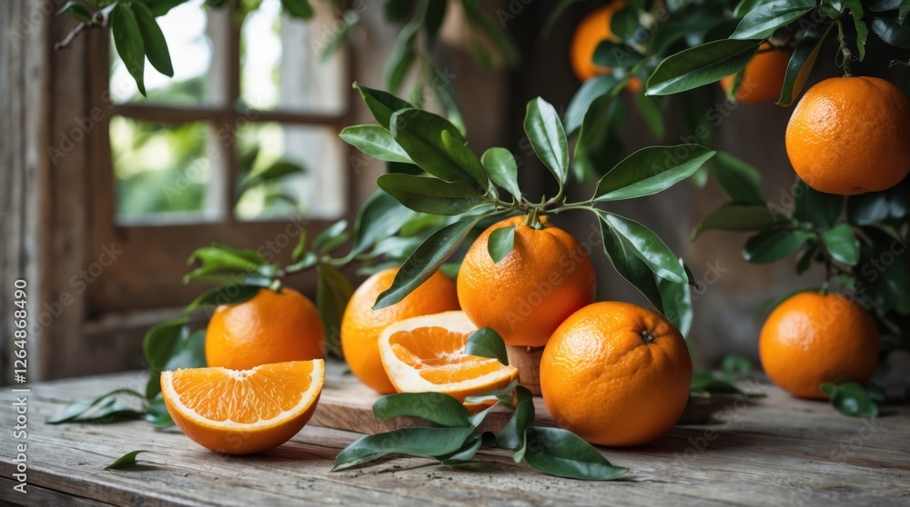 Poster fresh oranges with leaves on wooden table near window showing vibrant colors and rustic atmosphere w