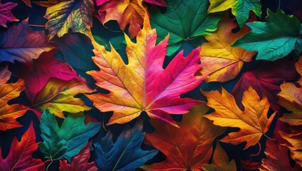 Colorful autumn leaves arranged on a dark background vibrant hues of red orange yellow and green Copy Space