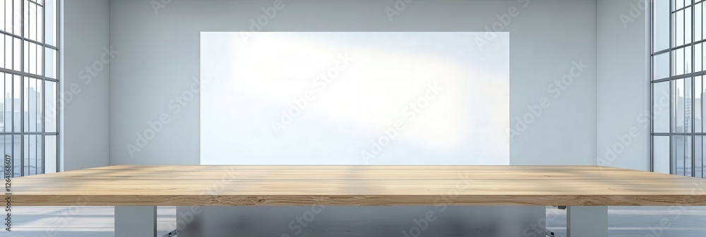 Poster this image depicts a minimalist meeting room featuring a wooden table and soft lighting, creating a 