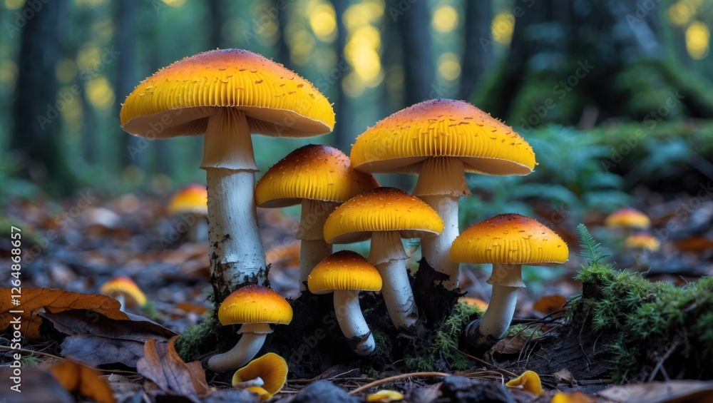 Aufkleber cluster of vibrant yellow and orange mushrooms growing in a lush forest setting with soft sunlight f