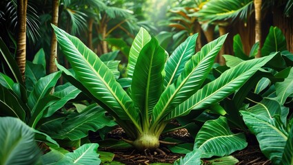 Lush tropical foliage with large green leaves in a dense forest setting suitable for nature backgrounds with Copy Space