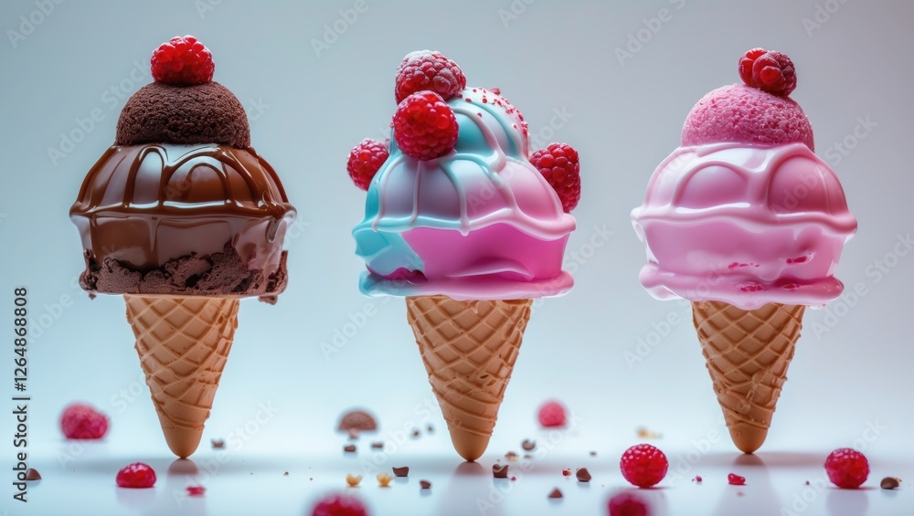 Poster Three colorful ice cream cones topped with raspberries on a light background with scattered toppings and Copy Space