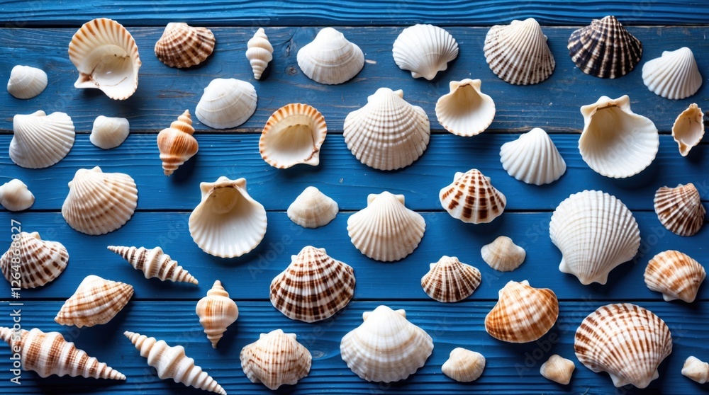 Poster assorted seashells arranged on a blue wooden surface with varying shapes and sizes copy space