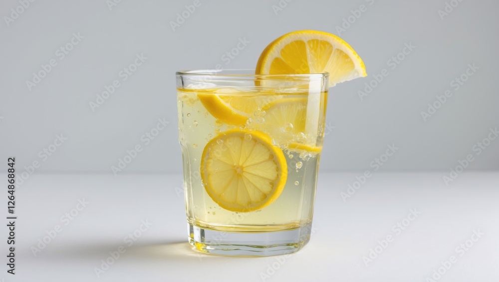 Poster fresh lemonade drink with lemon slices in a clear glass on a light background with copy space for te