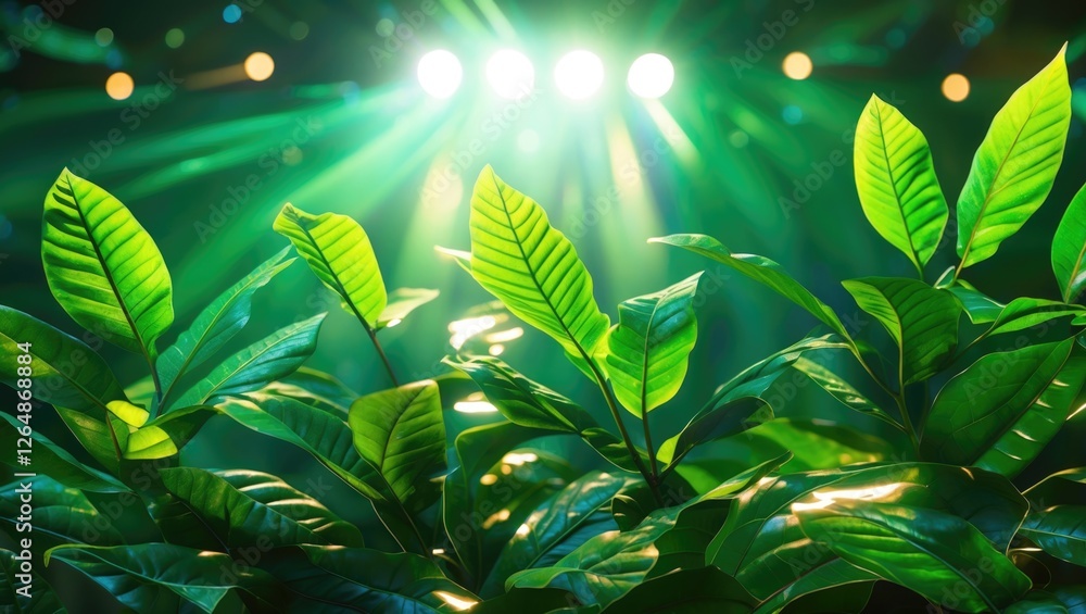 Aufkleber green leaves illuminated by soft light beams creating a vibrant natural background with selective fo