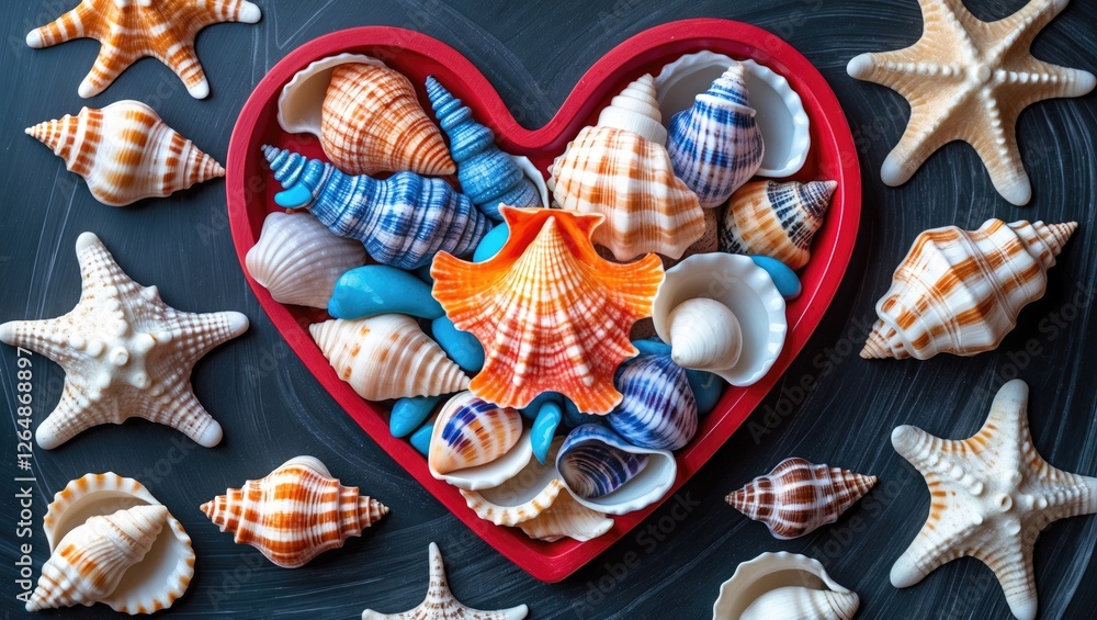Poster colorful seashells arranged in a red heart-shaped box surrounded by starfish on a dark background wi