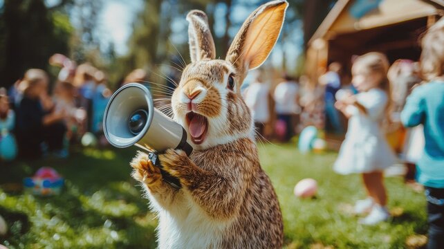 A cheerful bunny holding a megaphone, making an Easter announcement at a festive outdoor event with people in the background. - Powered by Adobe
