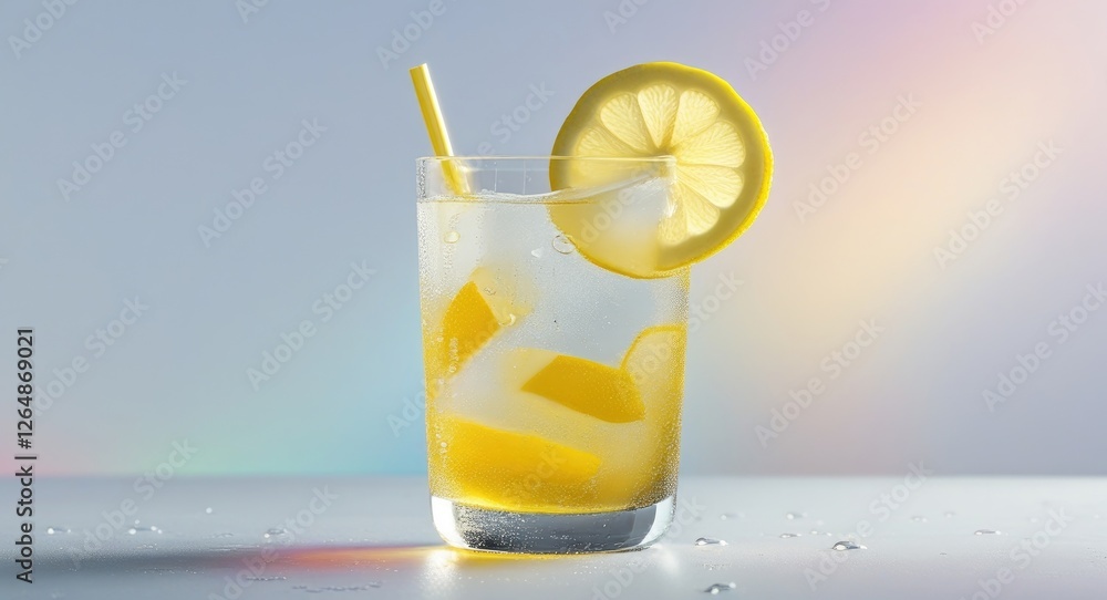 Poster lemonade drink in clear glass with ice cubes and lemon slice on top against a soft gradient backgrou