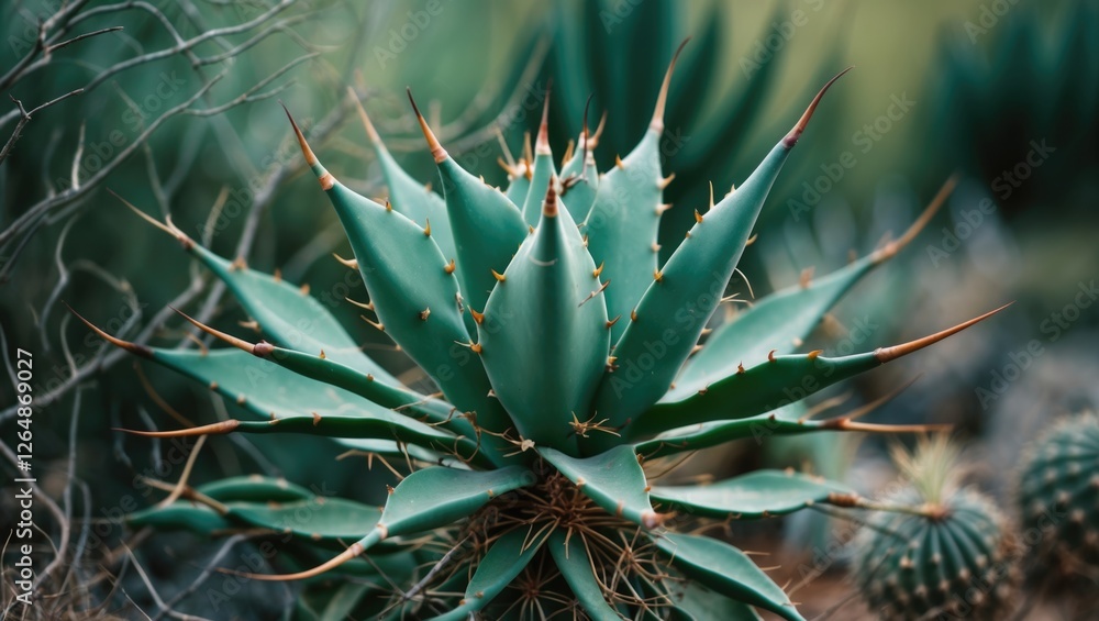 Aufkleber green succulent plant with sharp leaves and thorns in a desert-like setting with blurred background 