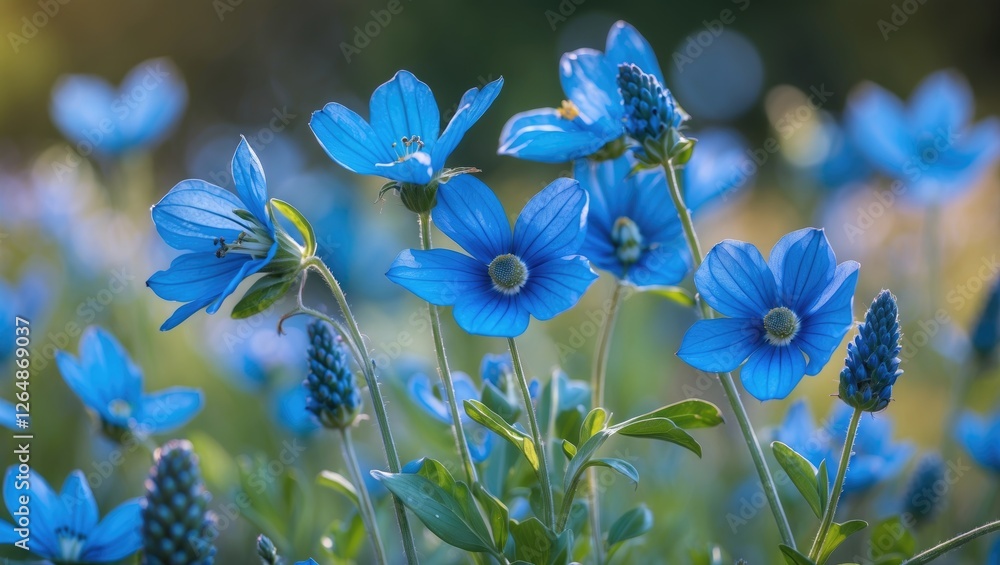 Poster blue flowers in a natural setting with lush greenery, soft focus background and ample copy space for