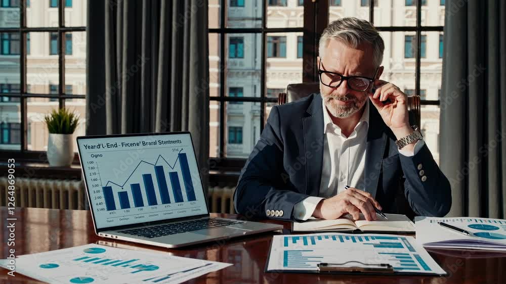 Poster businessman analyzing financial reports and data in a modern office setting