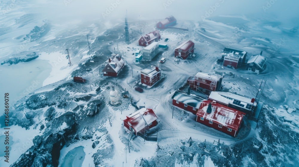 Aufkleber snow covers the ground and rooftops of a remote settlement marked by red buildings. the cloudy sky e