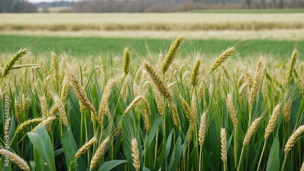Poster golden wheat field with green generative crops in background under soft daylight copy space