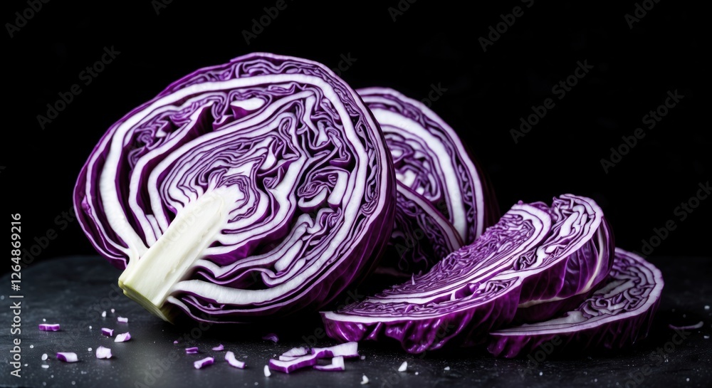 Poster freshly cut purple cabbage with intricate layers displayed on a dark background showcasing vibrant c