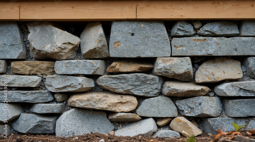 Poster stone wall construction with varying sizes and colors of rocks arranged in a rustic pattern under a 