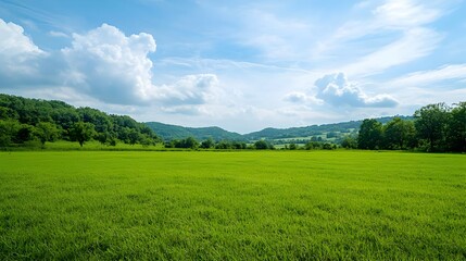 Vibrant Green Field Under a Blue Sky with Rolling Hills