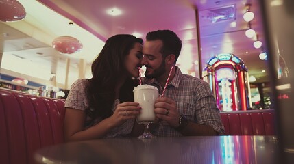 Romantic Couple Sharing a Milkshake at a Retro Diner
