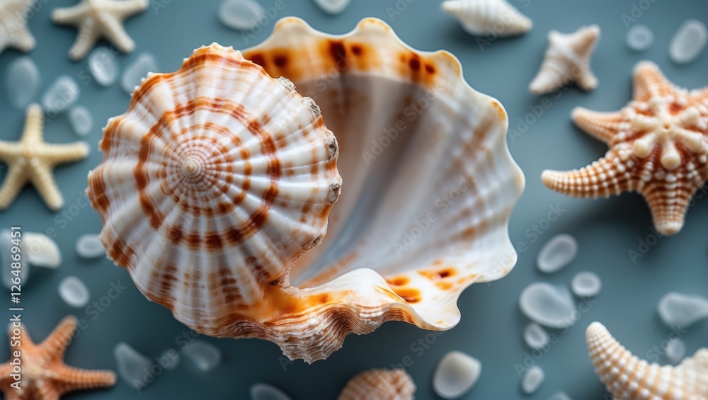 Poster close-up of a decorative seashell with striking patterns surrounded by small sea stars and pebbles o