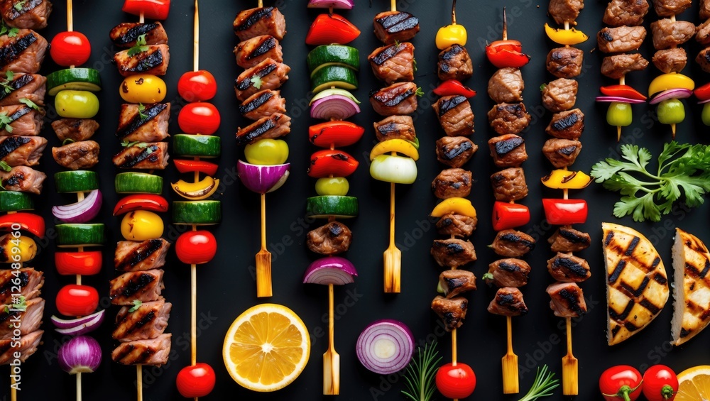 Poster grilled skewers with assorted vegetables and meats arranged on a black background with slices of lem
