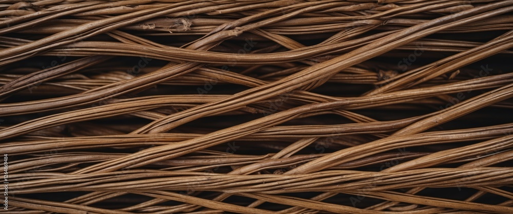 Poster natural wicker texture background with intertwined brown strands and dark base suitable for design p