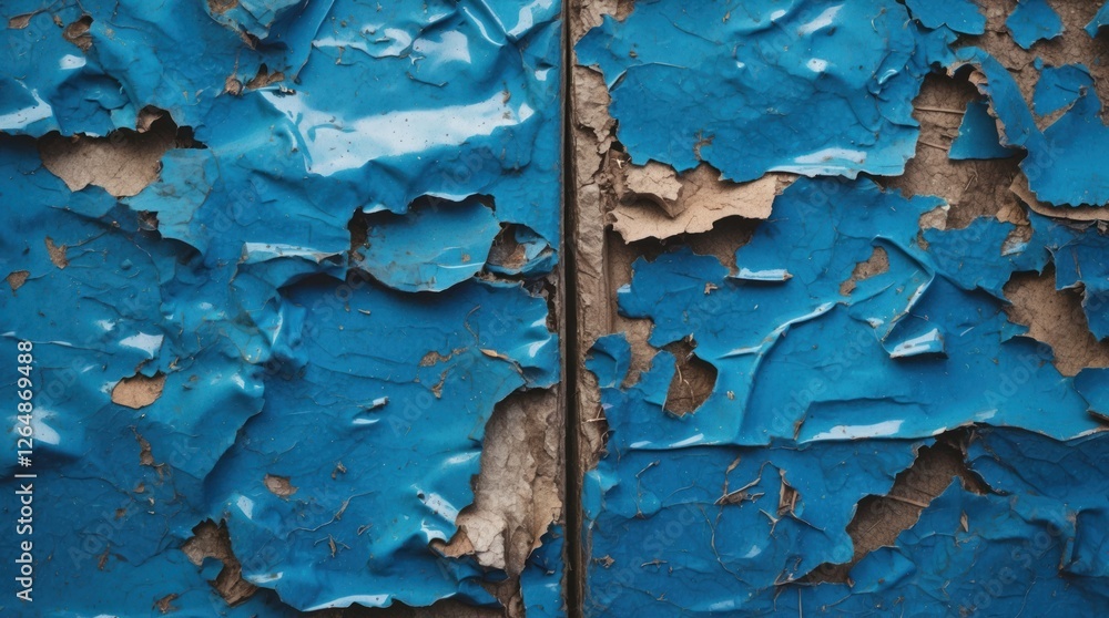Poster peeling blue paint on a textured wall revealing the underlying surface and creating an abstract patt