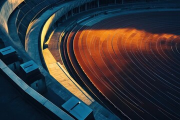Obraz premium modern olympic stadium at golden hour, dramatic aerial perspective of running track curves, with starting blocks in foreground focus