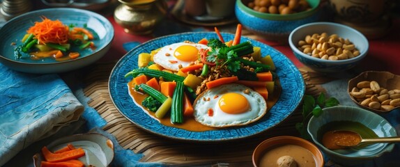 Colorful vegetable dish with fried eggs on blue plate surrounded by various side dishes and garnishes in Asian setting Copy Space