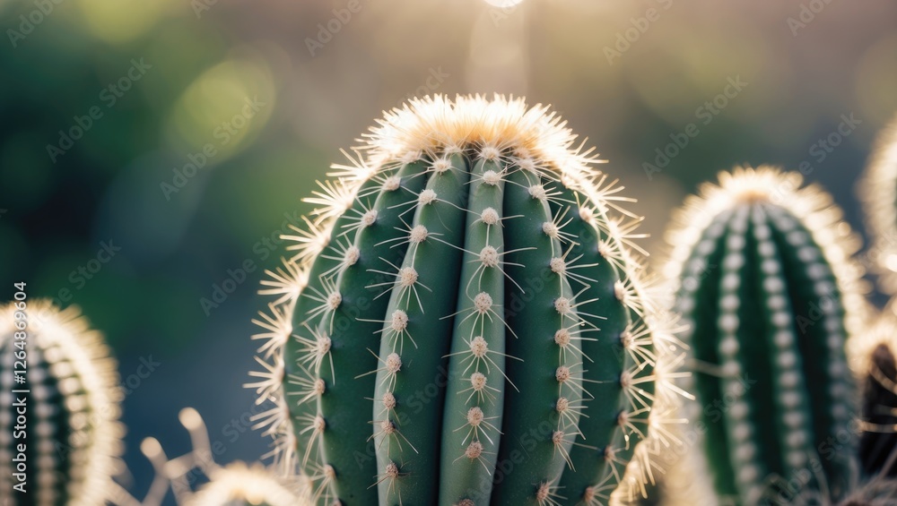Poster close-up view of green cactus with spines illuminated by sunlight on a blurred background copy space