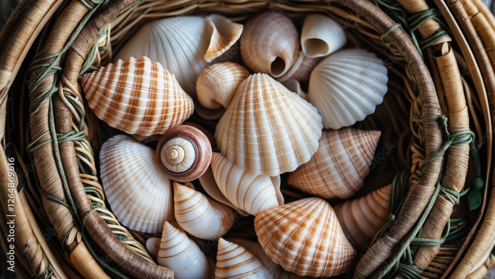 Poster collection of assorted seashells in a woven basket featuring various shapes and sizes with natural c