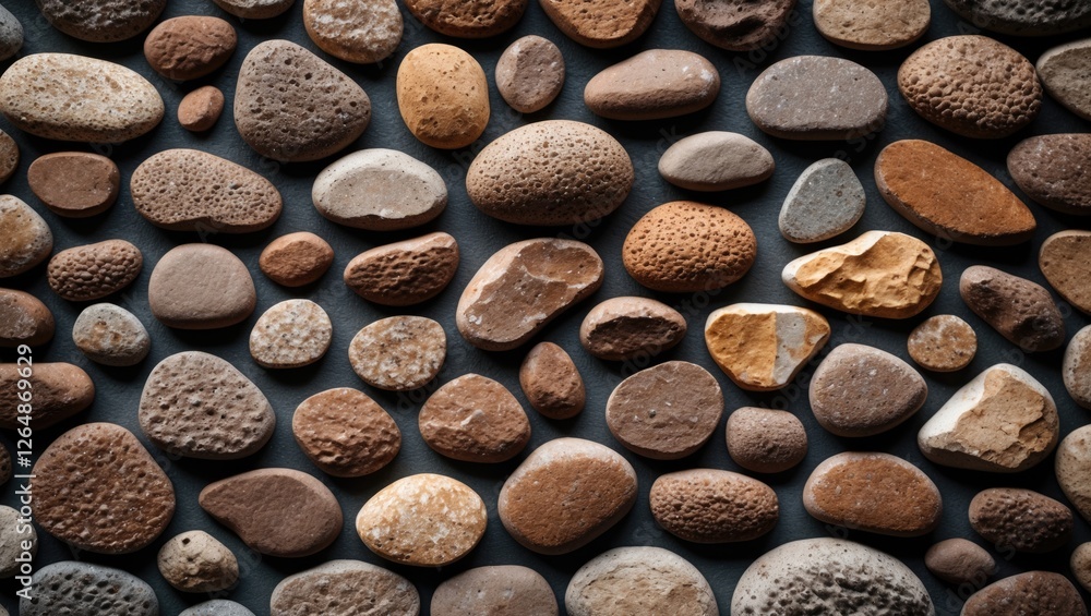 Poster Multi-colored smooth pebbles arranged in a flat layout with varied textures and sizes on a dark background Copy Space