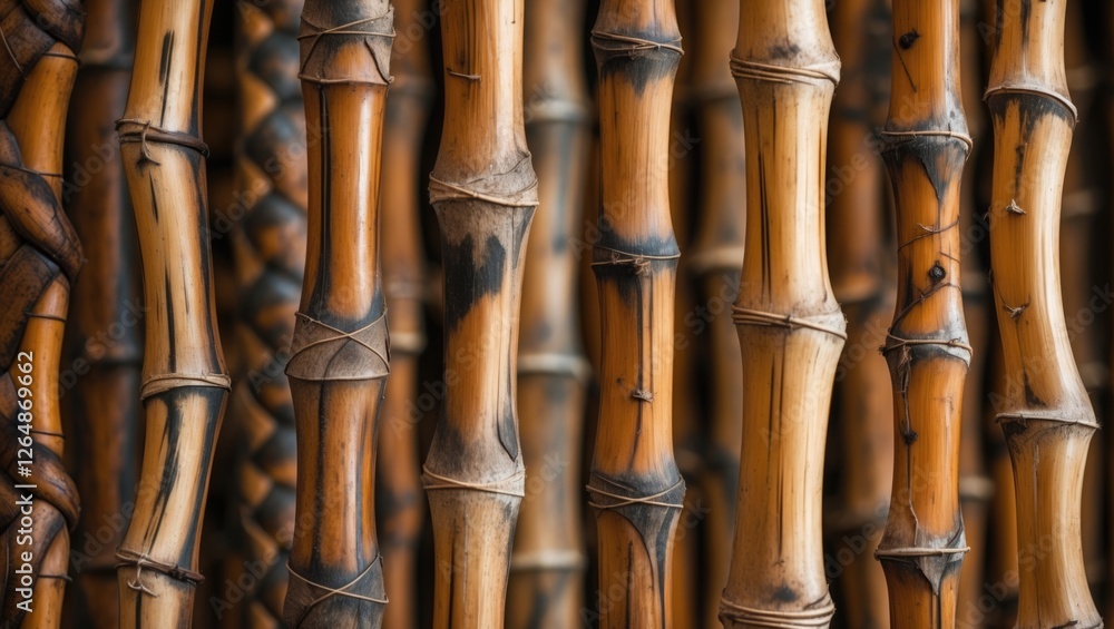 Poster bamboo stalks in various textures and colors arranged closely together creating a natural background