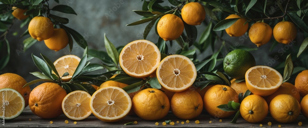 Aufkleber fresh oranges and limes displayed on a wooden table with green leaves and blurred background providi