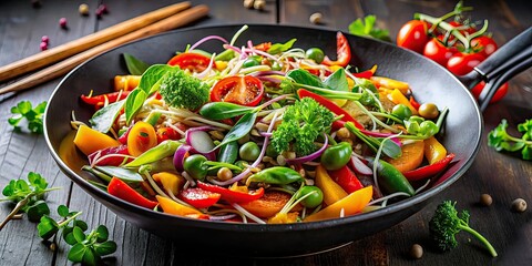 Colorful Stir-Fry, Top View, Wok, Vegetables, Microgreens