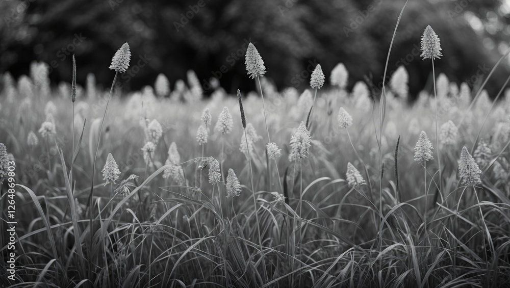 Poster black and white photograph of wildflowers and grass in a field with a soft bokeh background and ampl