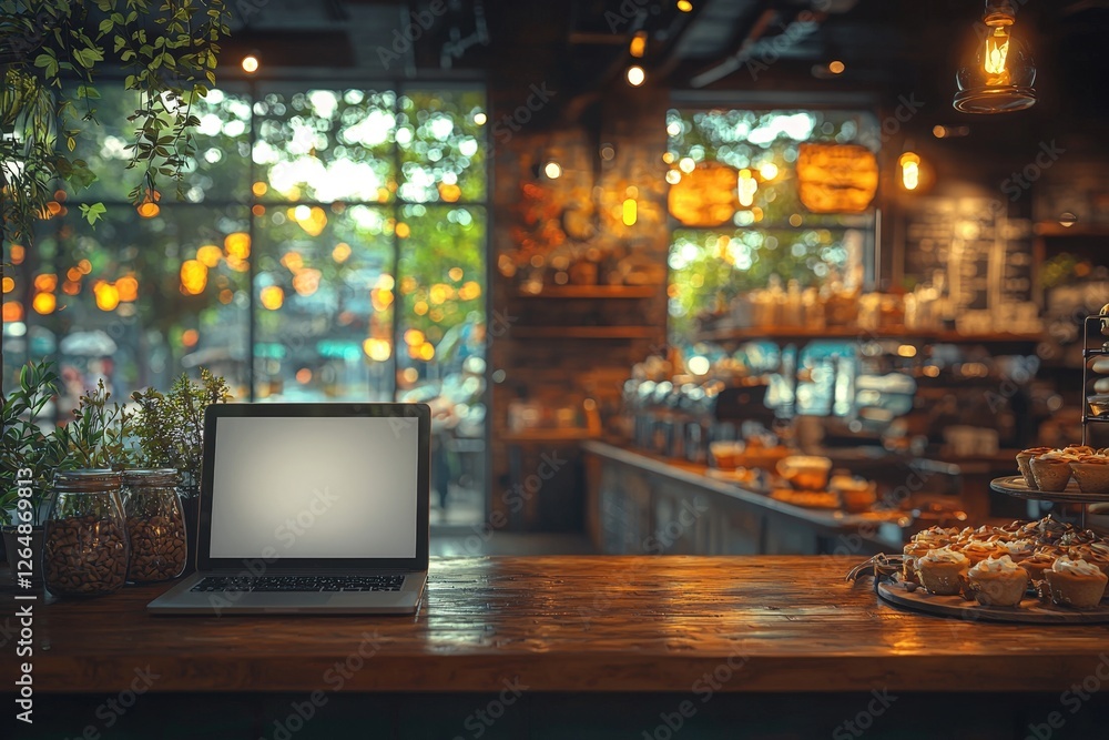 Poster a neatly arranged laptop computer resting on a rustic wooden table showcasing productivity