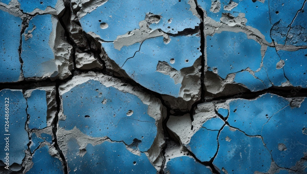 Poster cracked concrete surface with blue paint background showing texture and details in an urban environm