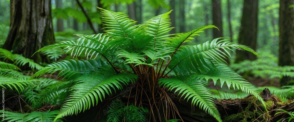 Poster lush green fern in a dense forest setting with sunlight filtering through trees showcasing vibrant l