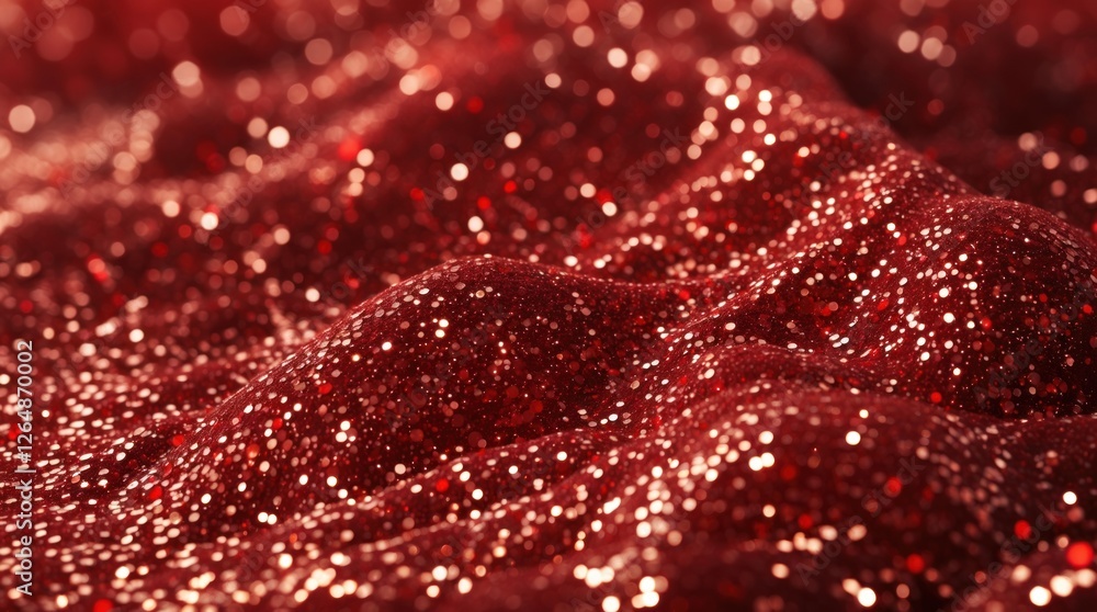 Poster close-up of shimmering red glitter texture with soft waves and highlights suitable for festive backg