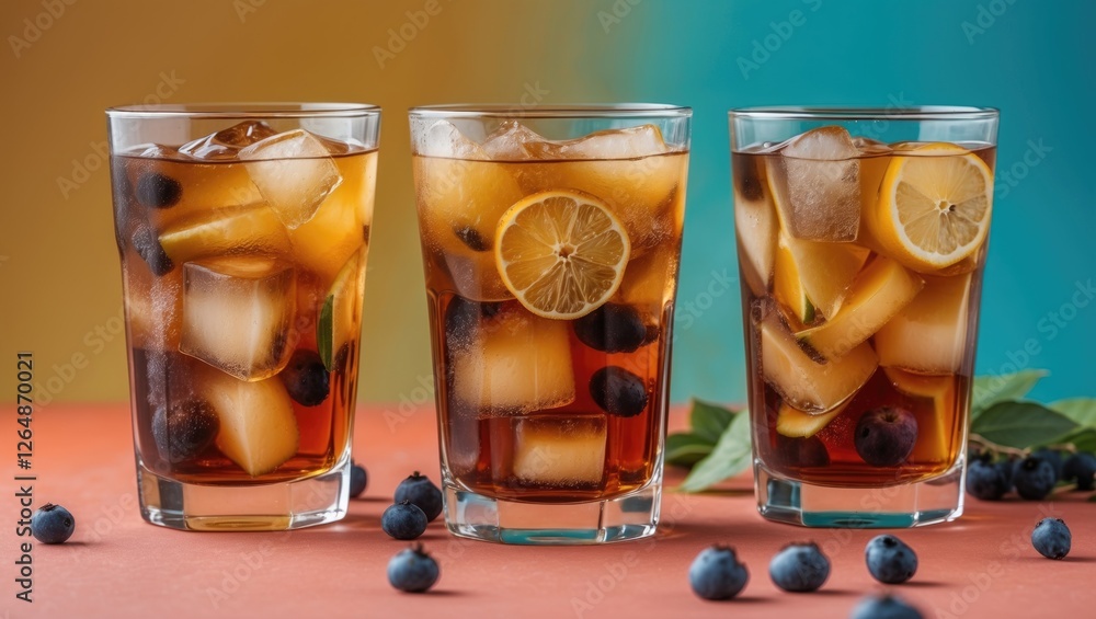 Poster glasses of iced tea with lemon and blueberries on colorful gradient background with copy space for t