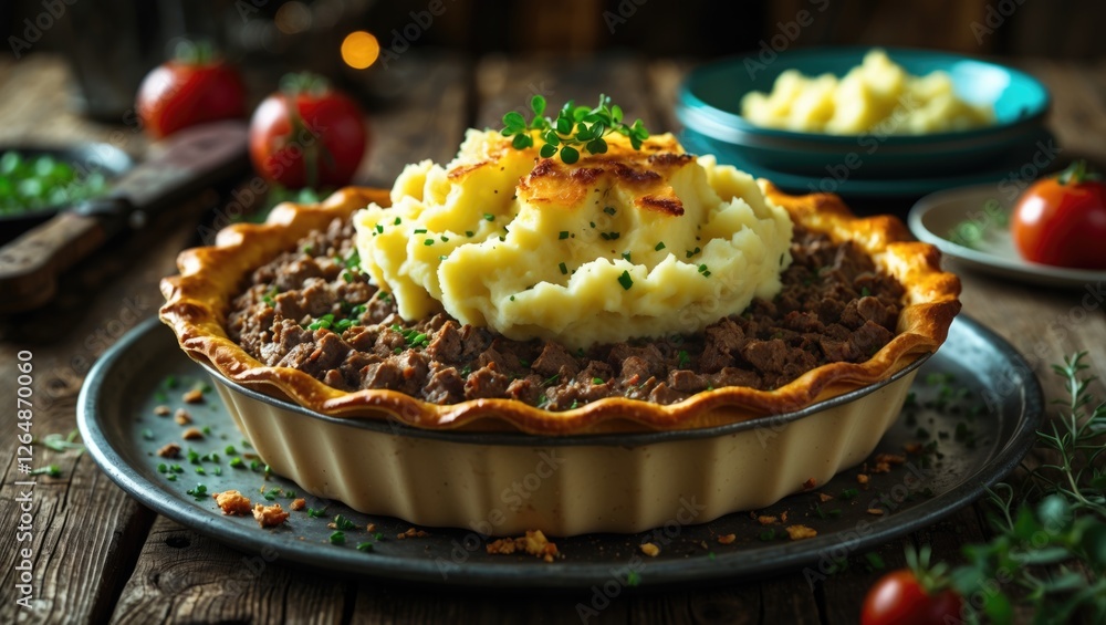 Poster homemade shepherd's pie with mashed potatoes topped with herbs served on rustic wooden table with ch