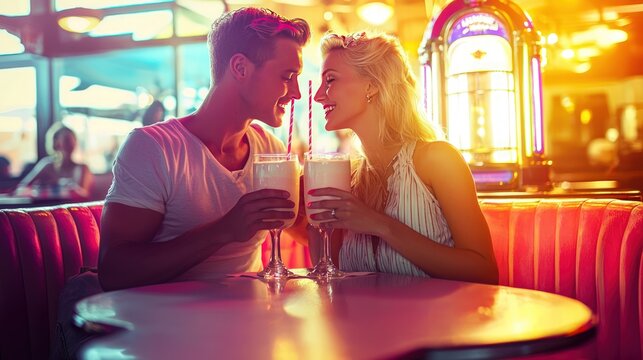Romantic Couple Enjoying Milkshakes at a Retro Diner