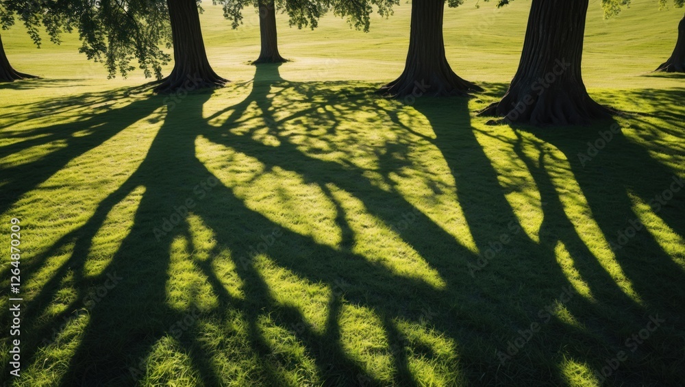 Poster tree shadows on green grass in a park during daylight with vibrant sunlight creating intricate patte