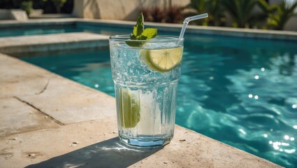 Refreshing cocktail with lime and mint leaves in a glass by the poolside with a clear blue water background Copy Space