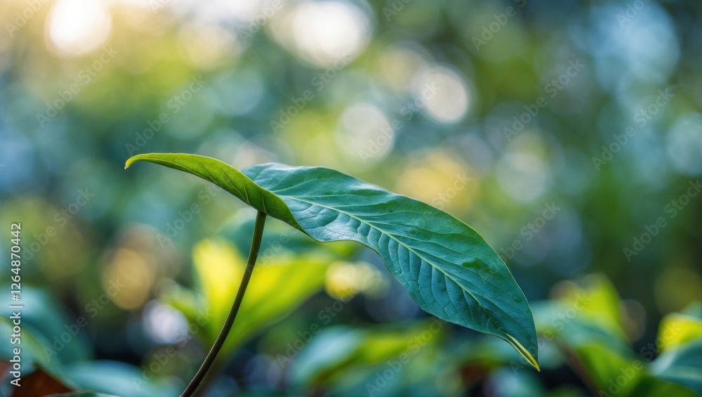 Poster green leaf with soft focus background in natural environment with bokeh effect and copy space for te