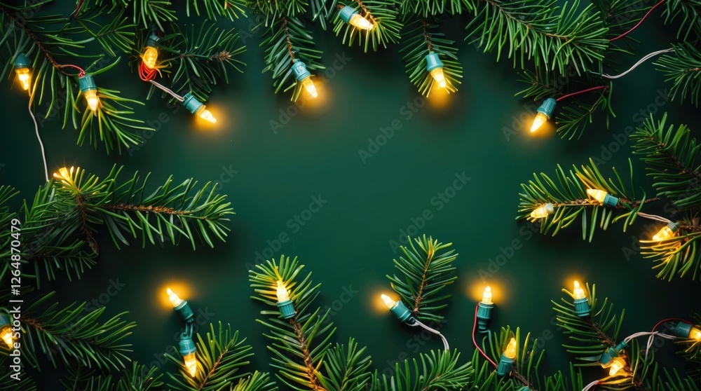 Poster christmas tree branches with warm glowing lights on dark background and ample copy space for text