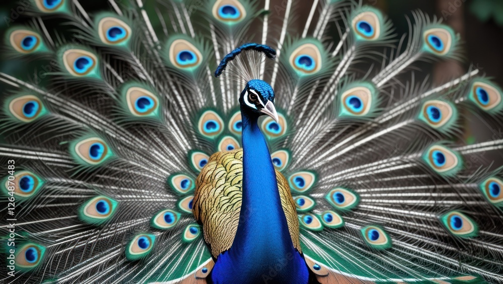 Poster peacock displaying vibrant feathers in a natural setting with detailed eye patterns showing ample co