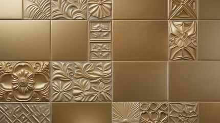 Textured gold ornamental wall tiles arrangement with floral and geometric patterns in square format Copy Space
