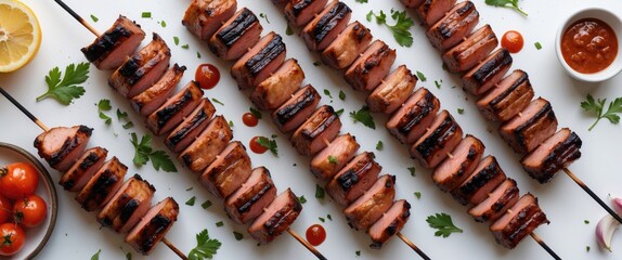 Naklejka premium Grilled meat skewers arranged on a white surface with cherry tomatoes, green parsley, and dipping sauce in bowls Copy Space