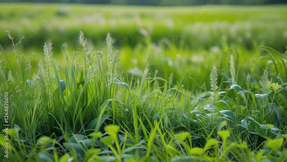 Poster lush green meadow with tall grass and wildflowers in soft focus with blurred background and ample co