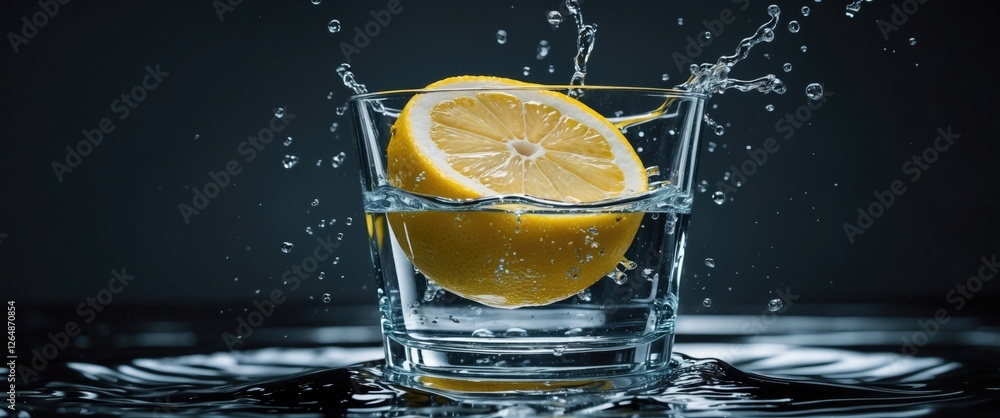 Poster sliced lemon splashing into a glass of water creating ripples and droplets on a dark background with